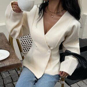 Cream Double-Breasted Fitted Blazer Coat | Long Sleeve Streetwear Outerwear